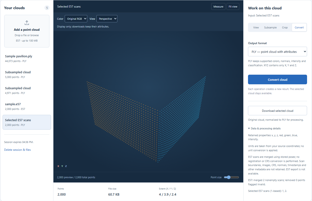 Two colored E57 panels merged into a 2,000-point working cloud with attribute warnings.