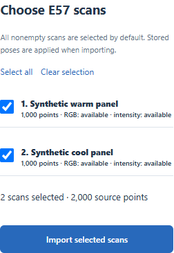 Two selected E57 scans, each with 1,000 points, RGB and intensity.