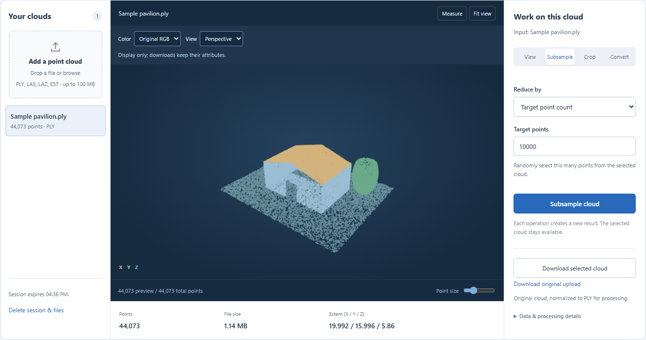 Original synthetic pavilion with 44,073 points in the viewer.